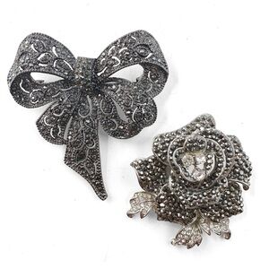 Set of 2 Marcasite Style Rhinestone Gunmetal Silvertone Brooches Pins